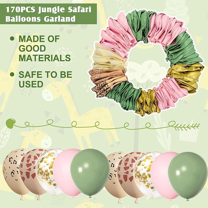 170Pcs Jungle Safari Balloons Garland Arch Kit Animal Printed Pink