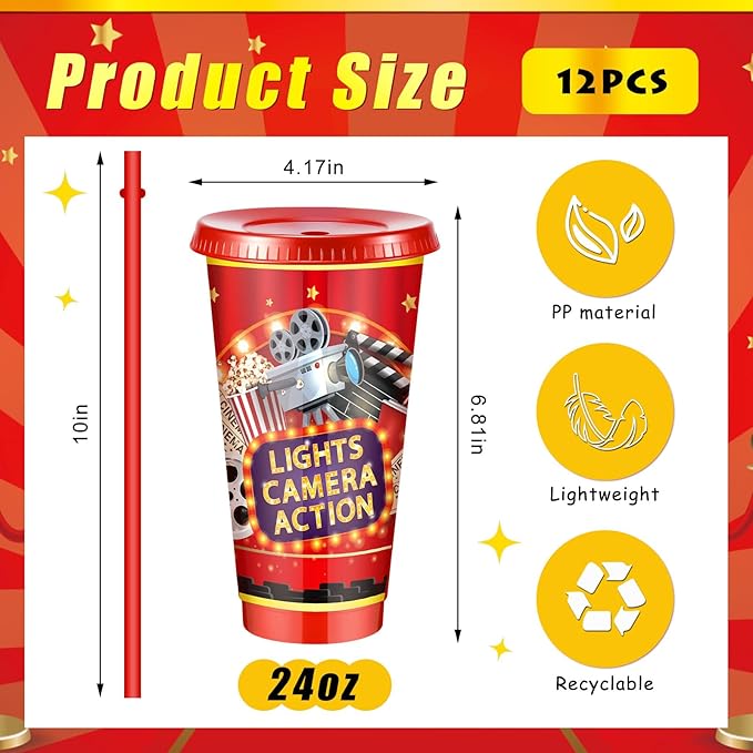 Uiifan 12 Pcs Movie Night Cups 24oz Reusable Tumbler with Lid and