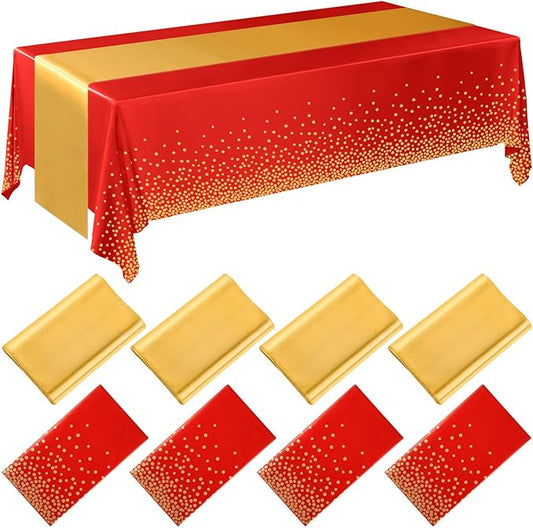 Breling 8 Pack Red and Gold Disposable Plastic Tablecloths and Satin