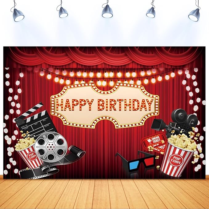 10x6.5ft Movie Night Birthday Backdrop Red Curtain Popcorn Film Reel