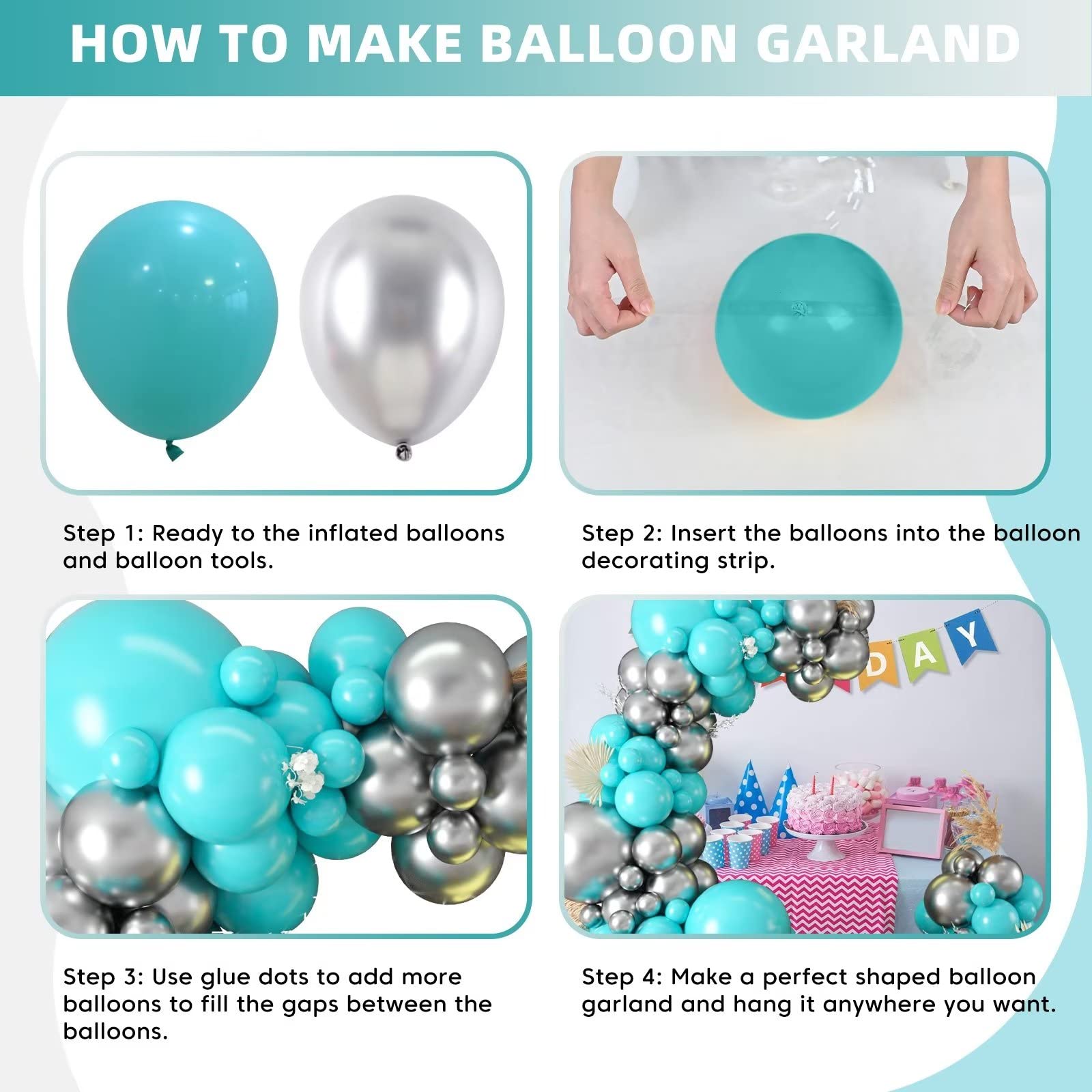 Teal Balloon Garland Kit, 100 Pcs Metallic Silver and Teal Blue