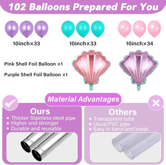 2 Sets Mermaid Party Balloon Column Stand Kit with 102 Balloons