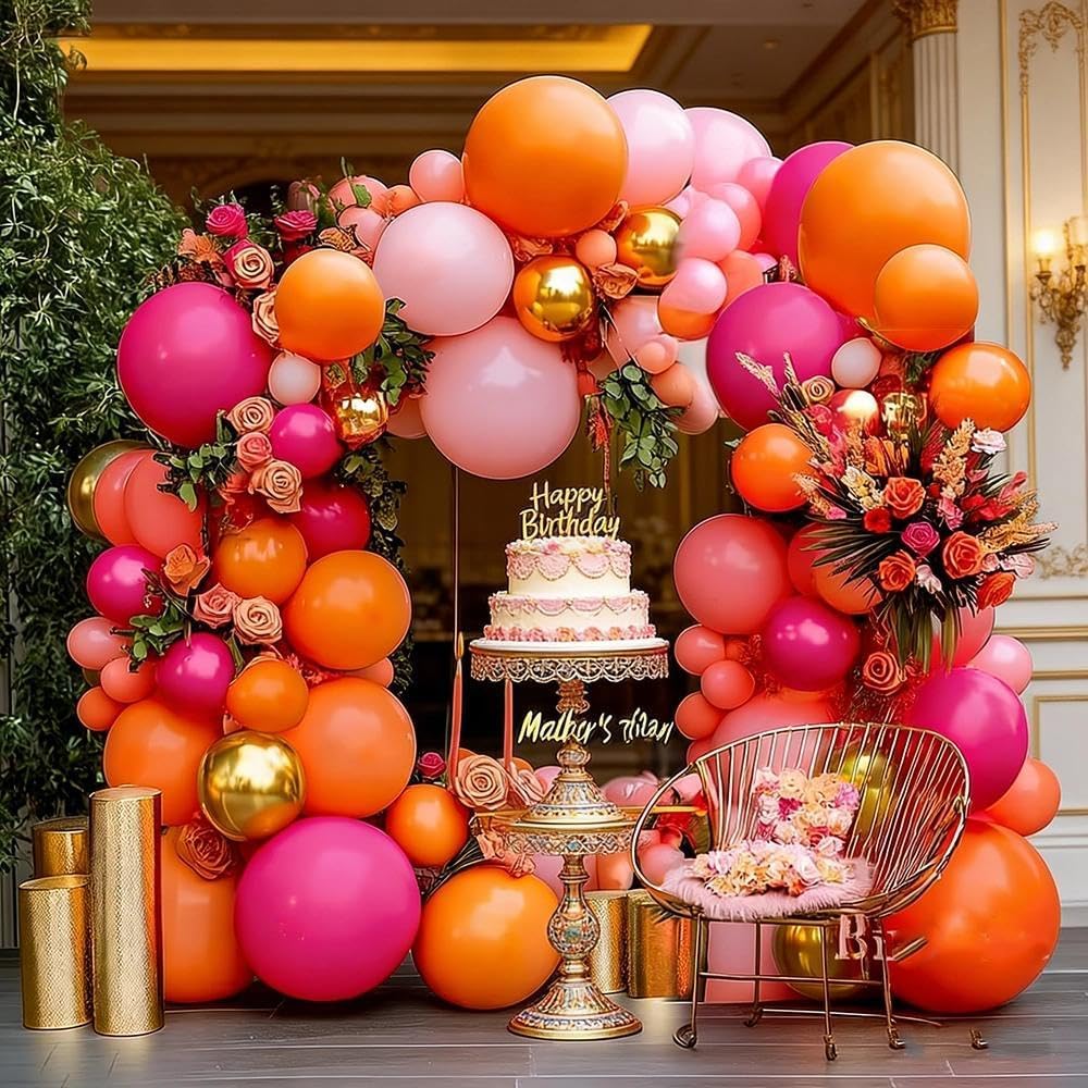 Pink Orange Balloon Garland Double Stuffed Hot Pink Orange Gold