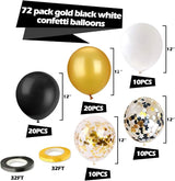 72 Pack Black Gold Confetti Balloons Kit, 12 Inch Black Gold White