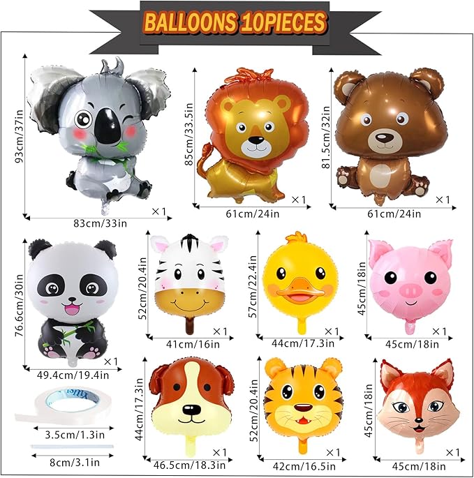 10 Pcs Safari Animal Balloons for Jungle Birthday Party Decorations -