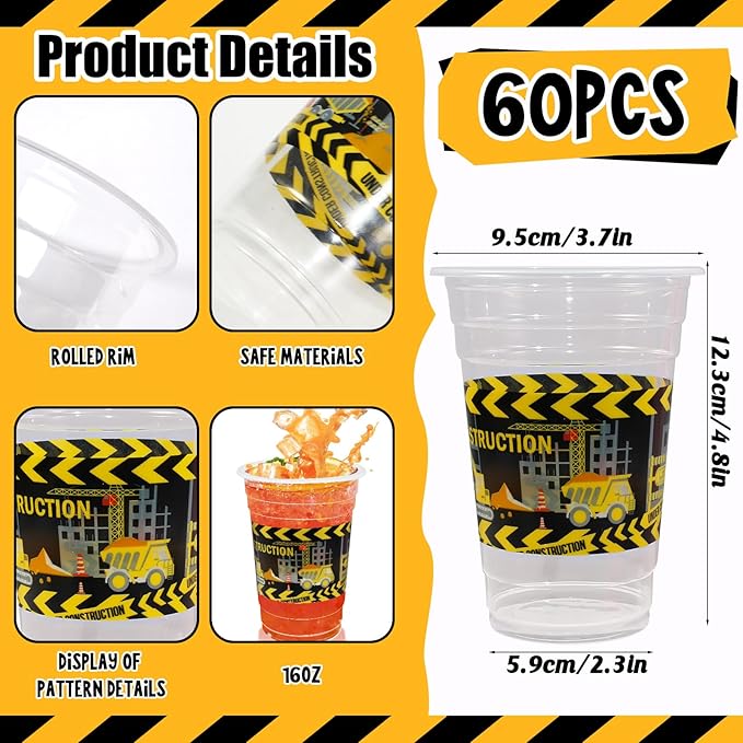 60 Pieces 16oz Construction Birthday Party Supplies Disposable
