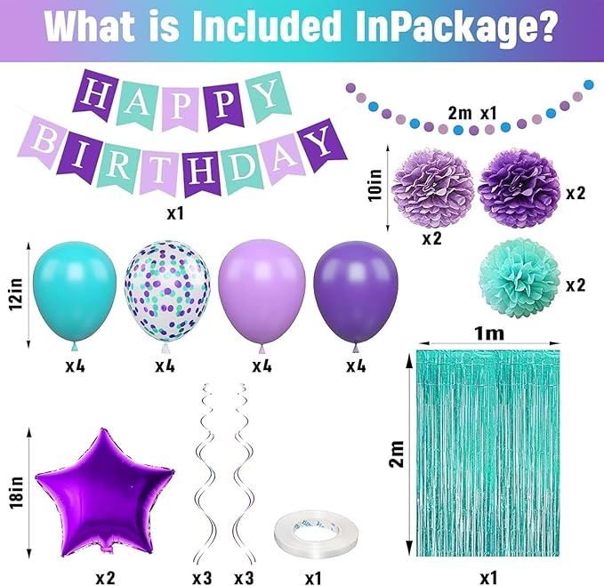 Mermaid Birthday Decorations Purple Teal Blue Party Balloons Happy