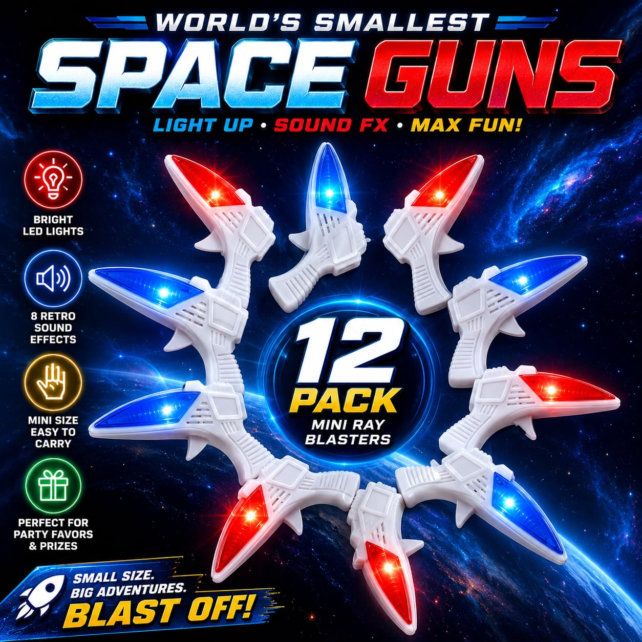 12 PK World's Smallest Space Guns - Mini Light Up Flashing Ray