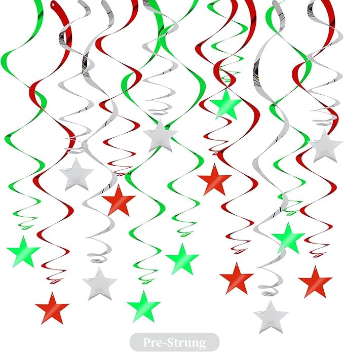 BEISHIDA Red Green Silver Star Hanging Swirl Christmas Decorations