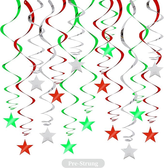 BEISHIDA Red Green Silver Star Hanging Swirl Christmas Decorations