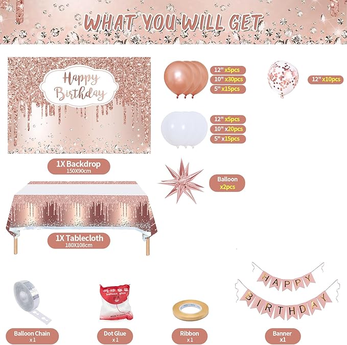 Rose Gold Birthday Party Decorations 121PCS Happy Birthday Party