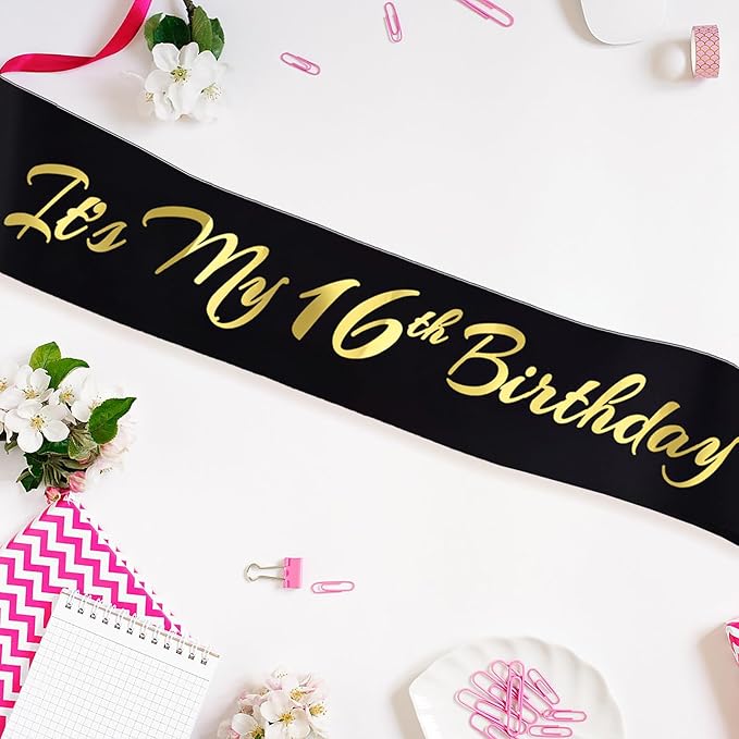 It's My 16th Birthday Sash, Black Gold Birthday Sash for 16th Bday