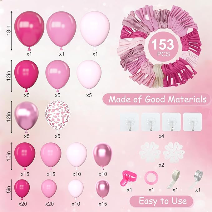 Amandir 153 Pcs Pink Balloon Arch Garland Kit, Different Sizes 18 12