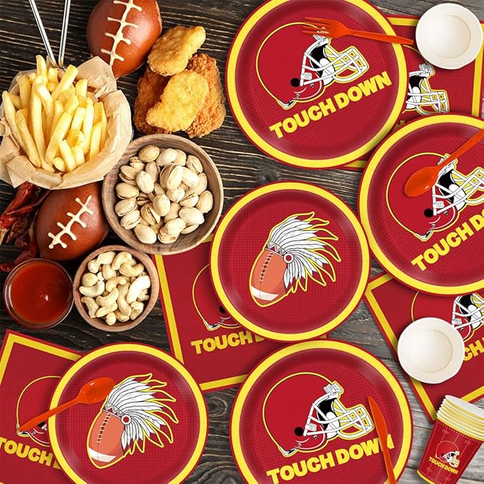168pcs Red Football Party Supplies Touch Down Plates Napkins