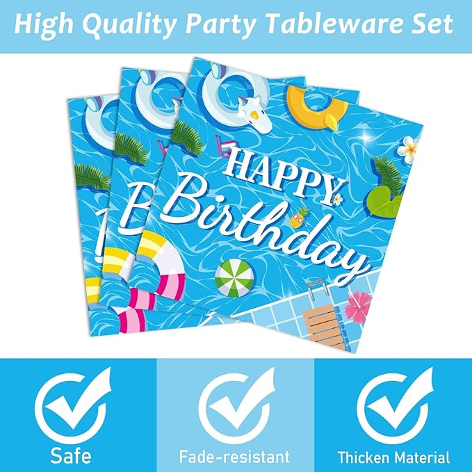 96 Pieces Pool Birthday Party Tableware Set for Summer Beach Table
