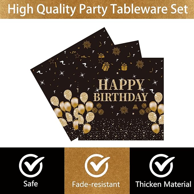 96PCS 16th Birthday Party Plates Set Black and Gold Theme Decorations
