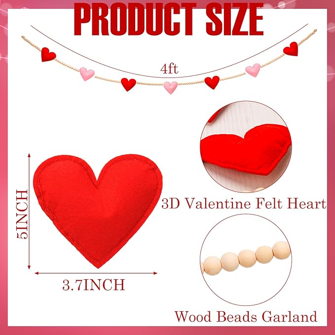Valentine's Day Garland 3D Felt Valentine Heart Banner with Wooden