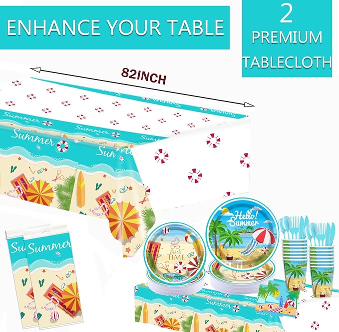 177 pcs Beach Party Supply Disposable Tableware Set with Tablecloth