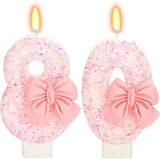 80th Birthday Candles for Cake, Pink Bow Number Cake Candles, 2.76