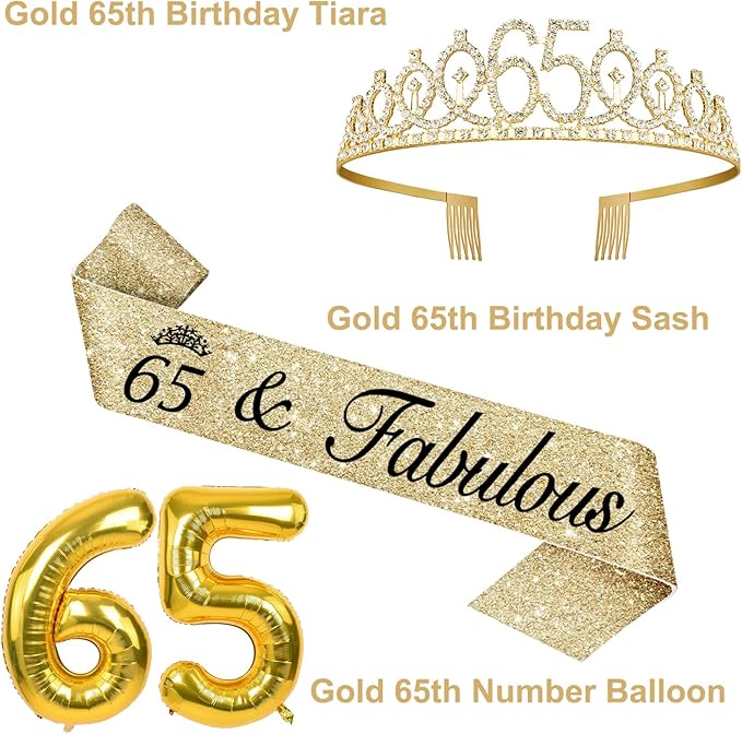 65th Birthday Decorations for Women with Tiara and Sash Candles and