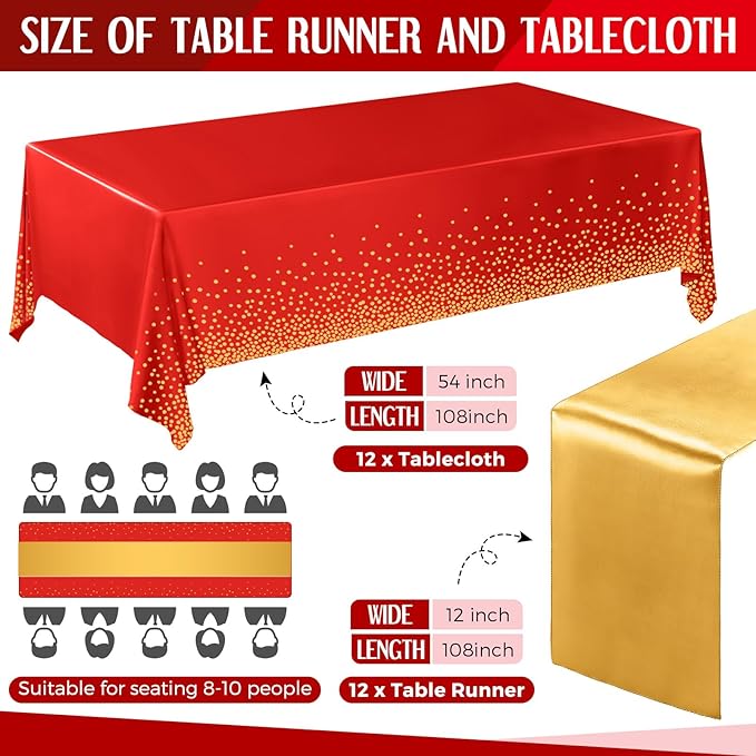 Breling 24 Pack Red and Gold Disposable Plastic Tablecloths and Satin