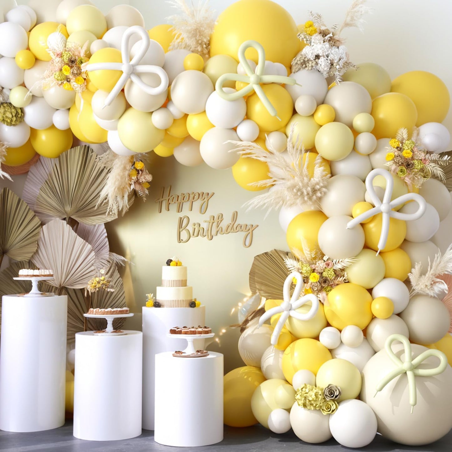 Mustard Yellow Bow Balloon Arch Kit, Sand White Pastel Yellow Balloon