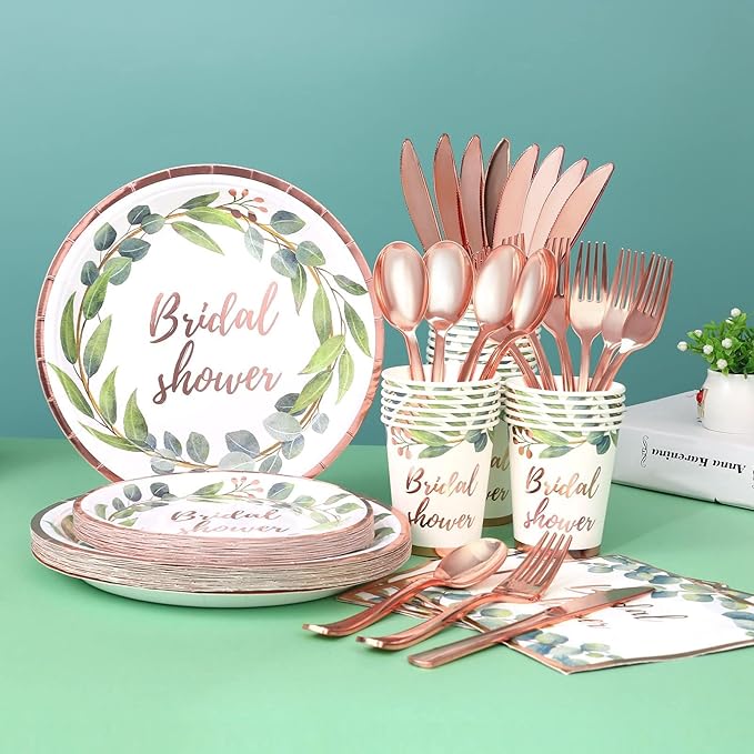 168Pcs Green and Rose Gold Party Decoration Bridal Shower Plates and