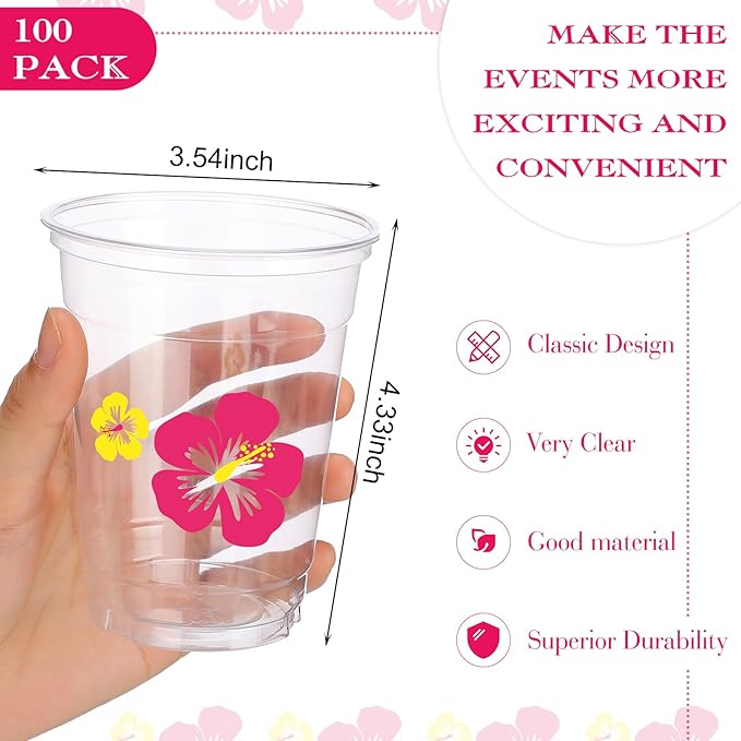 100 Pack 12 oz Clear Disposable Luau Cups Hawaiian Flamingo