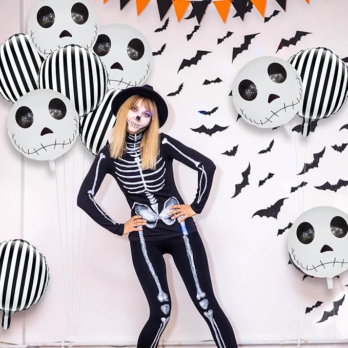 Halloween Balloons Decorations 18 Inch Skull Black and White Striped
