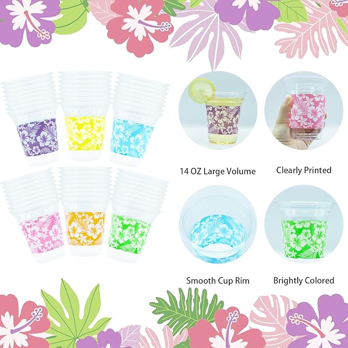 48 Pack 14 OZ Hawaiian Cups for Party Luau Plastic Cups Tropical