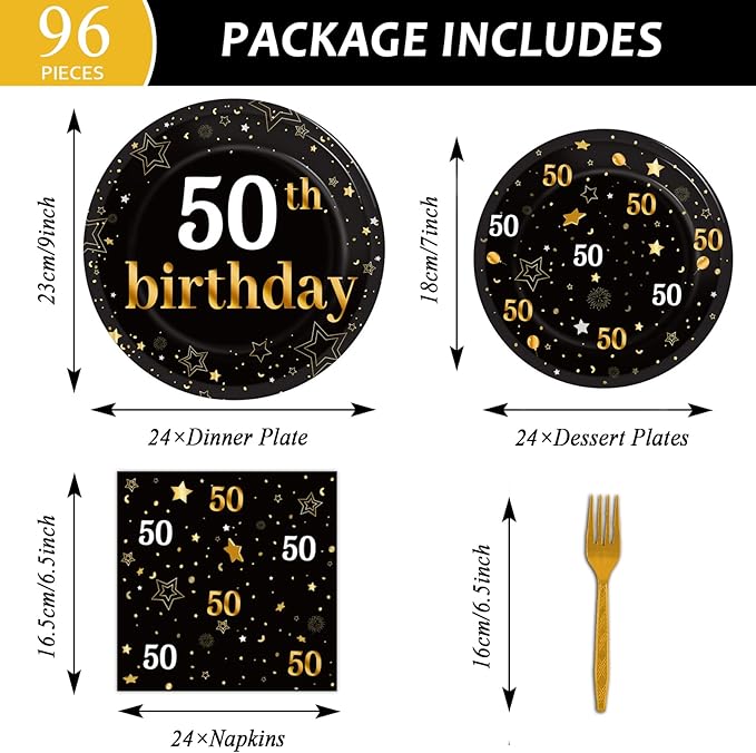 96 Pcs 50th Birthday Party Supplies Paper Plates Napkins Golden