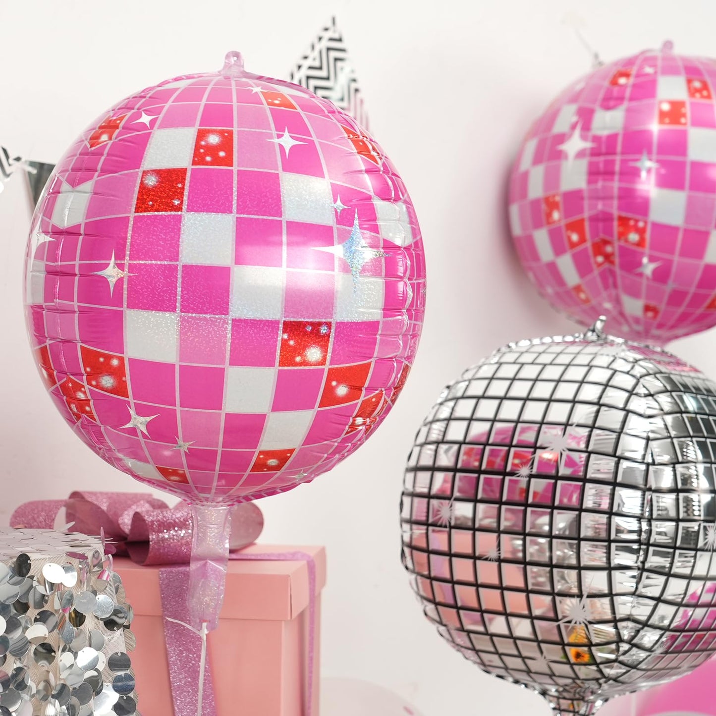 Disco Ball Balloons Pink 4PC,Foil Disco Balloons 22 Inch 4D Round Pink