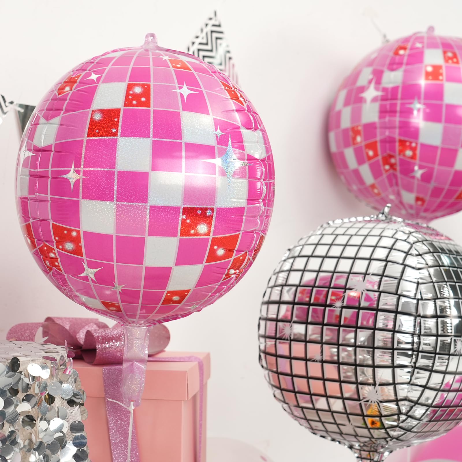Disco Ball Balloons Pink 4PC,Foil Disco Balloons 22 Inch 4D Round Pink