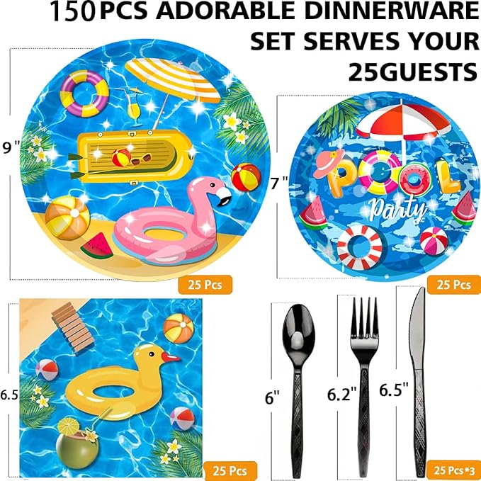 150Pcs Pool Party Supplies Set 9 & 7 Plates Napkins Knives Forks