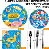 150Pcs Pool Party Supplies Set 9 & 7 Plates Napkins Knives Forks