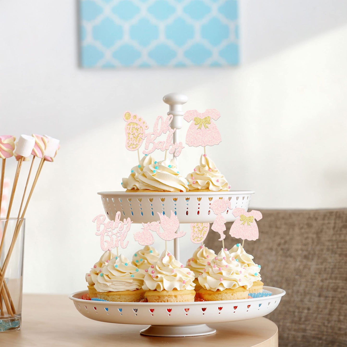 24Pcs Oh Baby Cupcake Toppers Baby Girl Cupcake Toppers with Bow Dress