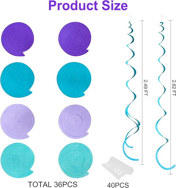 36 Pcs Mermaid Hanging Swirl Decorations Teal Purple Felt Swirl