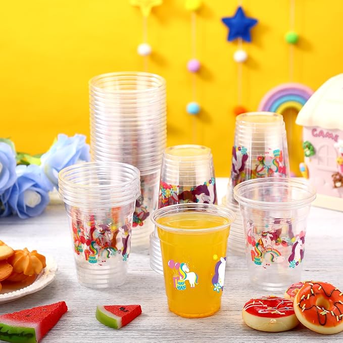 50 Pcs Unicorn Cups 12 oz Unicorn Plastic Glasses Clear Disposable