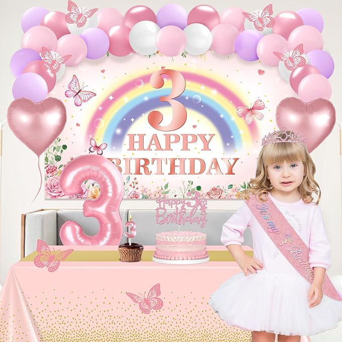3rd Birthday Decorations for Girls 47pcs Pink Flower Rainbow Banner