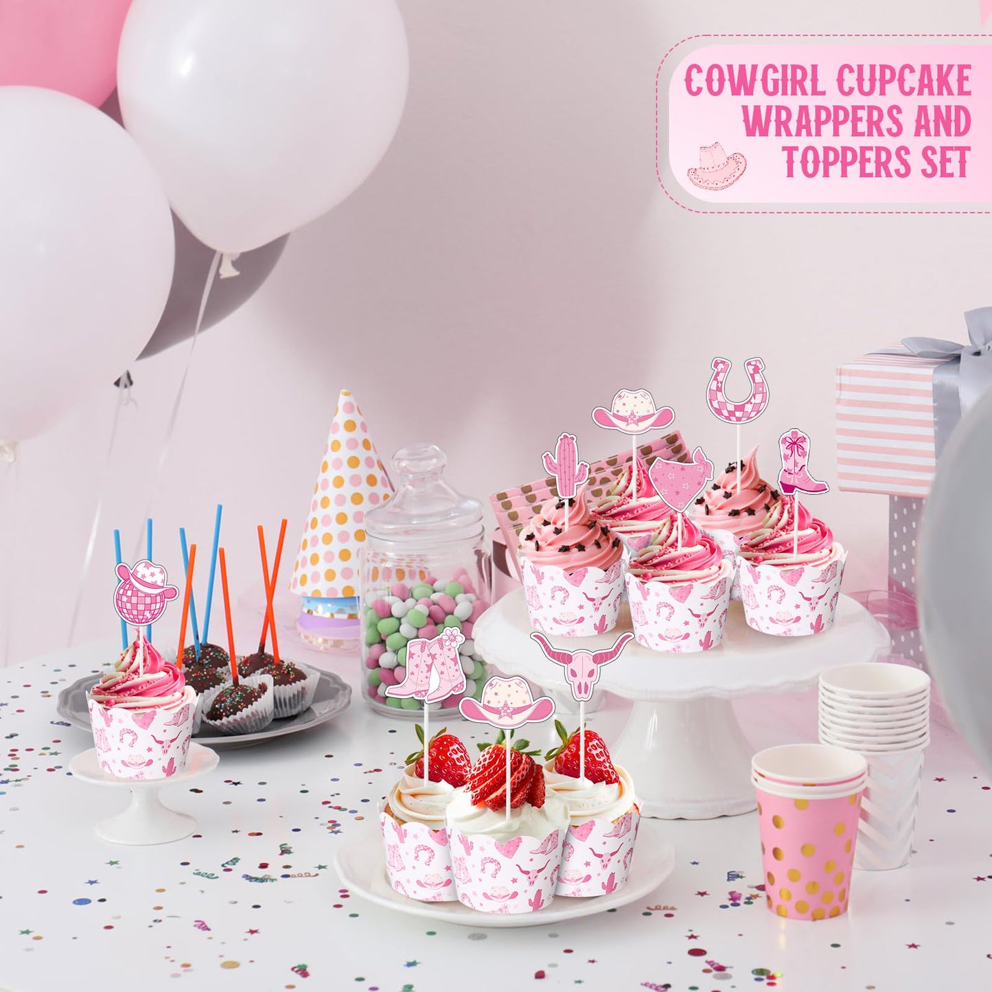 Widecook 96 Pcs Cowgirl Cupcake Toppers and Wrappers Western Cowgirl