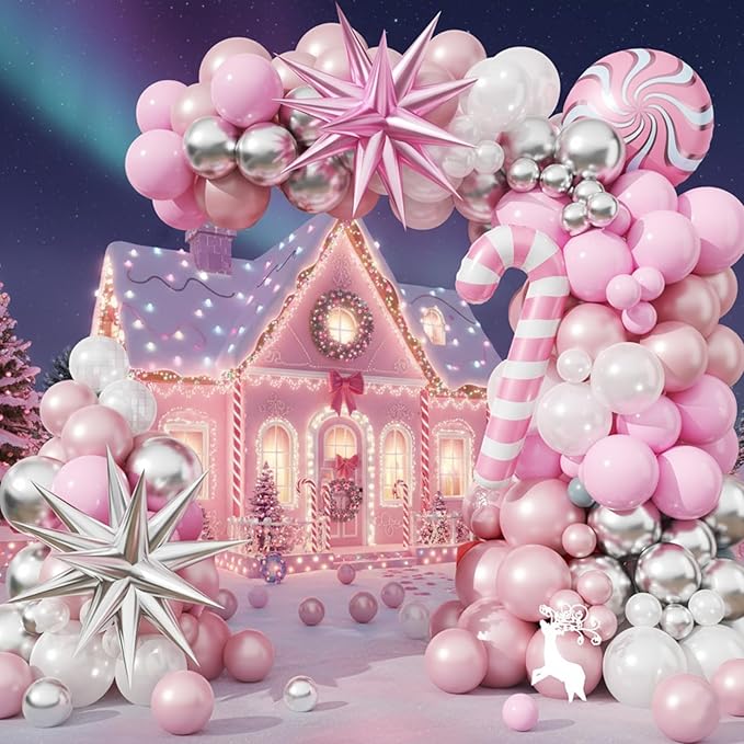 Christmas Balloon Arch Kit Pink and White Silver Balloons Garland
