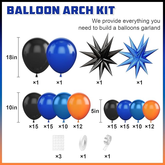 Black Orange Blue Balloon Arch Kit,Royal Blue Black Balloon Garland
