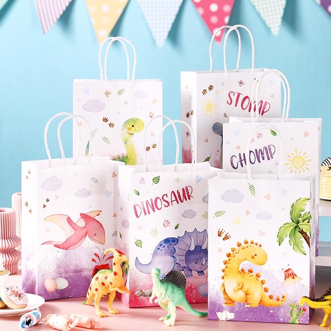 24 Pcs Pink Dinosaur Party Favors Bags with Handles Purple Dinosaur
