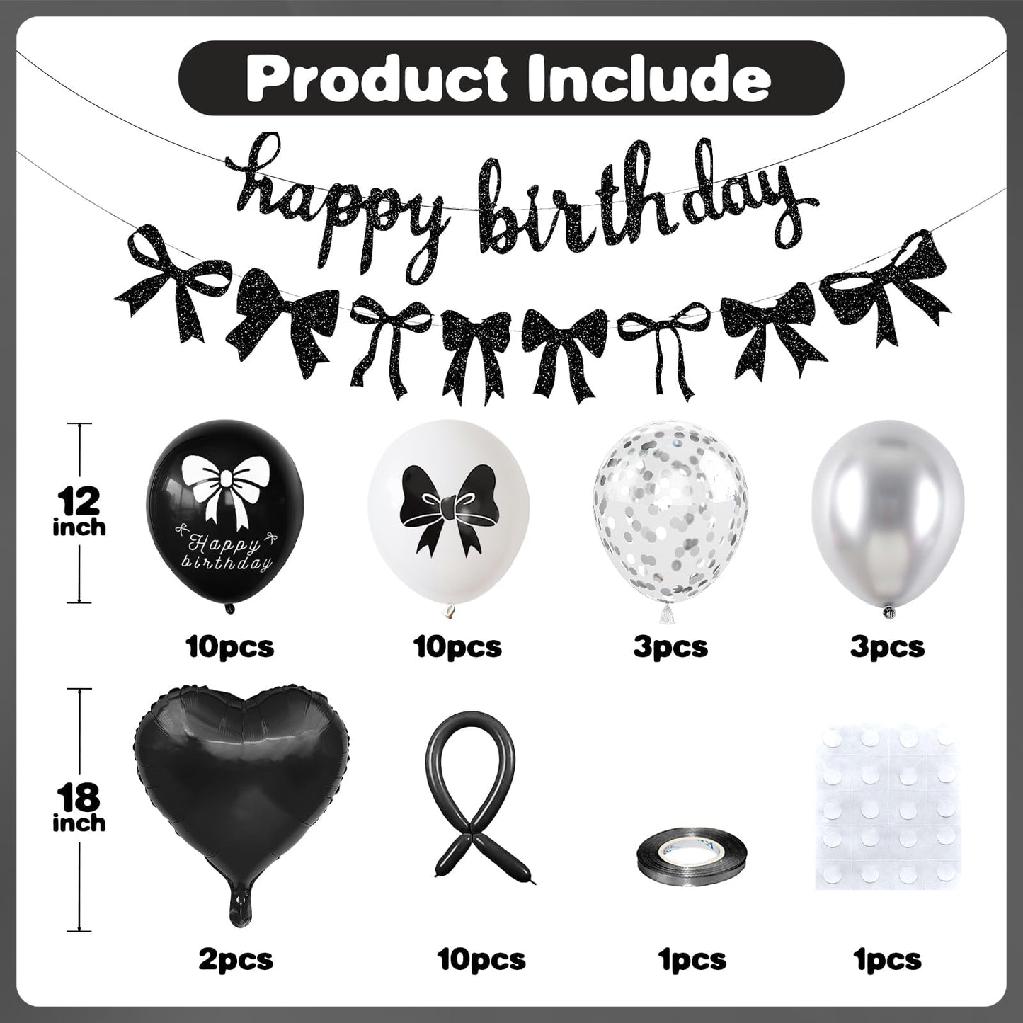 Black Silver White Bow Birthday Decorations, Coquette Party Decor with