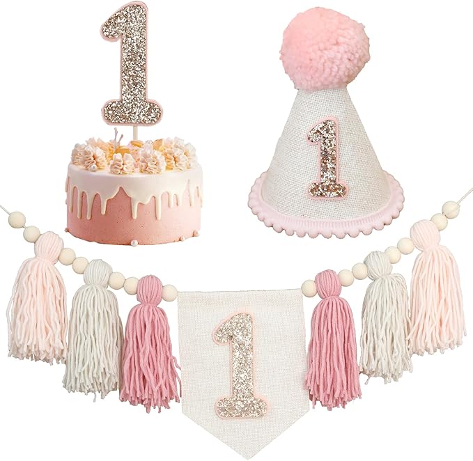 Pink 1st Birthday Decoration High Chair Banner for Girl 1st Birthday