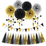 Silver Black Gold Party Decorations - 23pcs Tissue Paper Flowers Pom