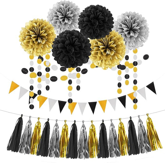 Silver Black Gold Party Decorations - 23pcs Tissue Paper Flowers Pom