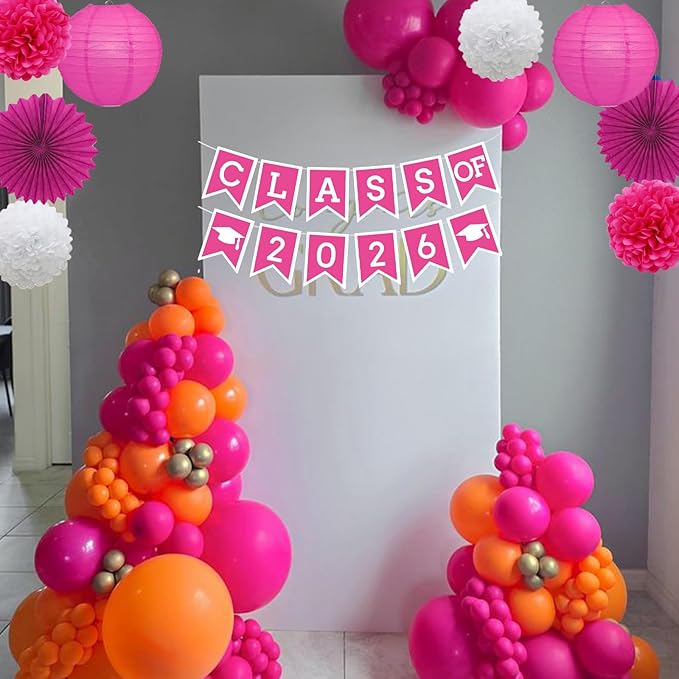 Hotpink Graduation Party Decoration Class 2026 Banner Hanging Pom