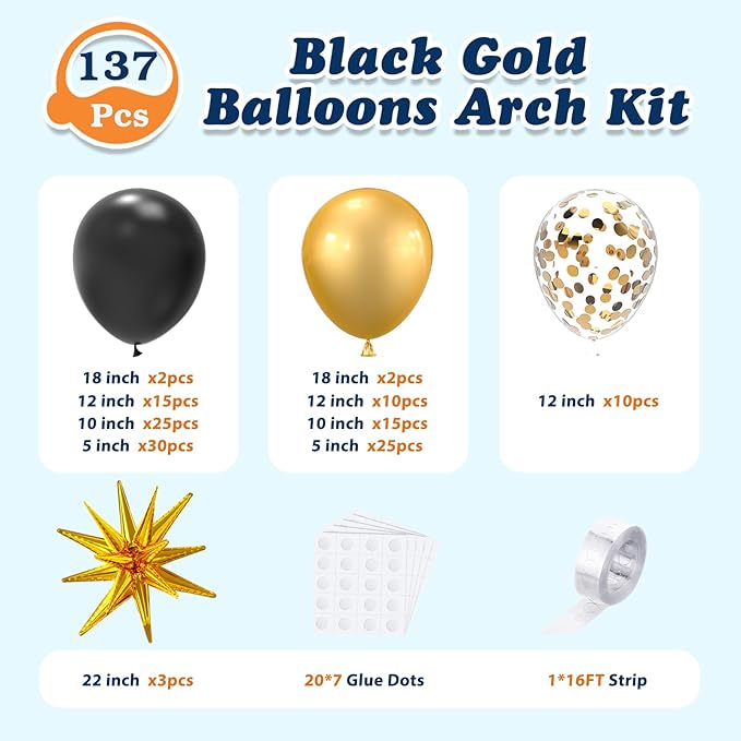 137Pcs Black and Gold Balloons Garland Arch Kit with Stars - 5 10 12