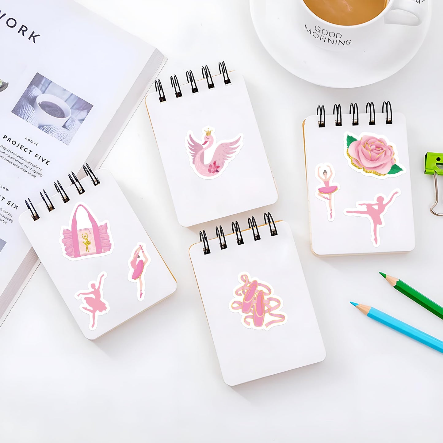 BeYumi 1000Pcs Ballet Dance Themed Stickers in 2 Rolls Pink Dacing